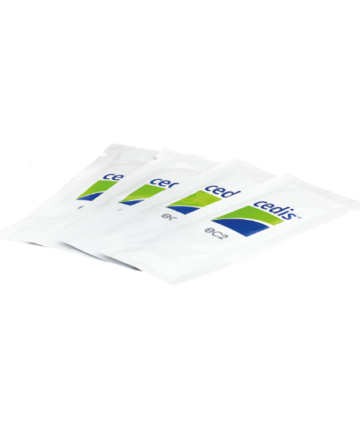 Carton avec 1.000 cedis lingettes de désinfection eC2 emballées individuellement